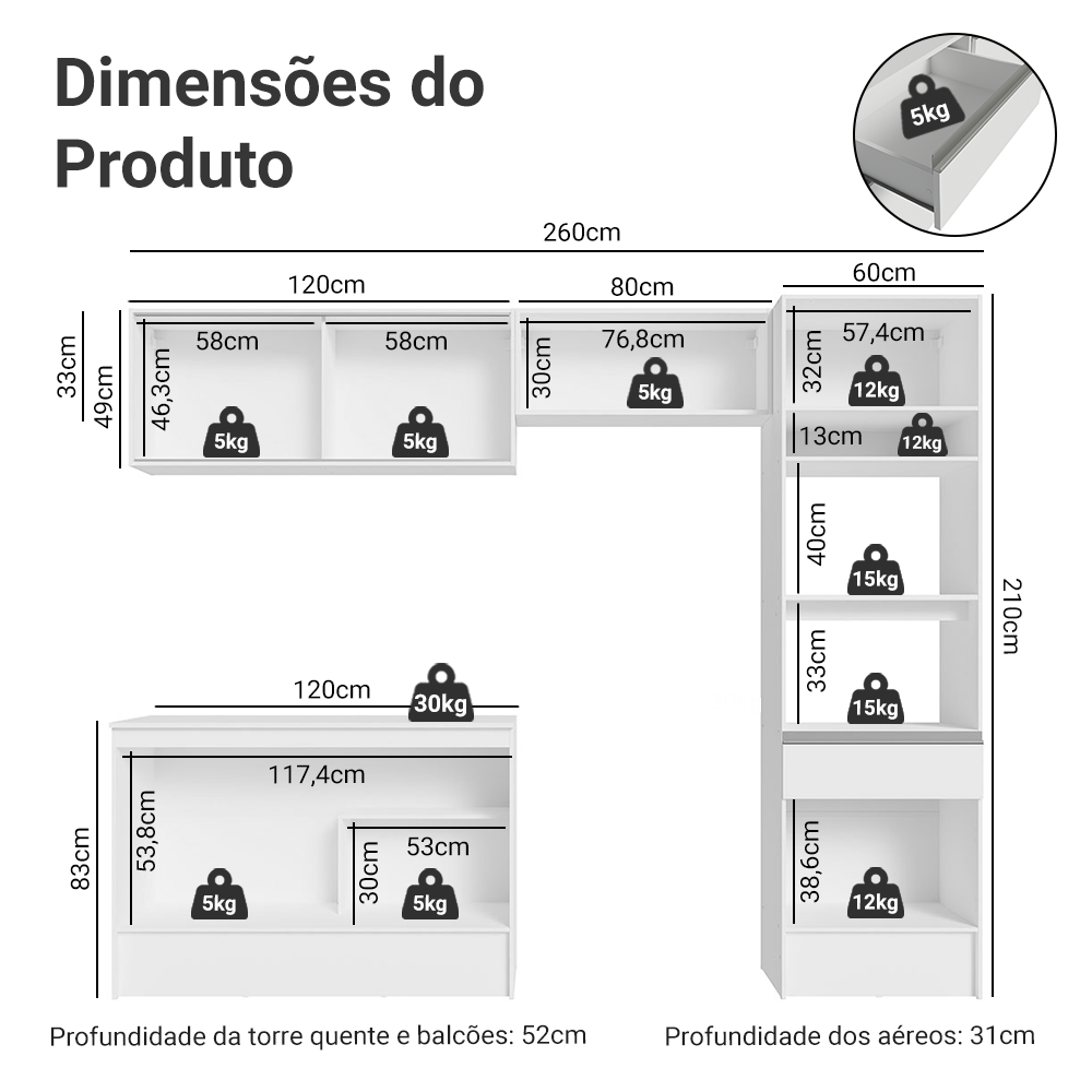 Armário de Cozinha Completa 260cm Branco Diamante Madesa 02