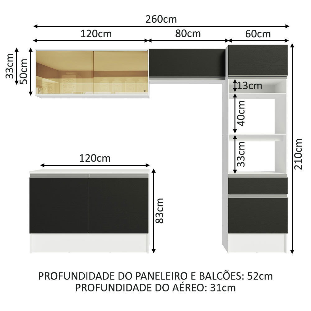Armário de Cozinha Completa 260cm Branco/Preto Diamante Madesa 02
