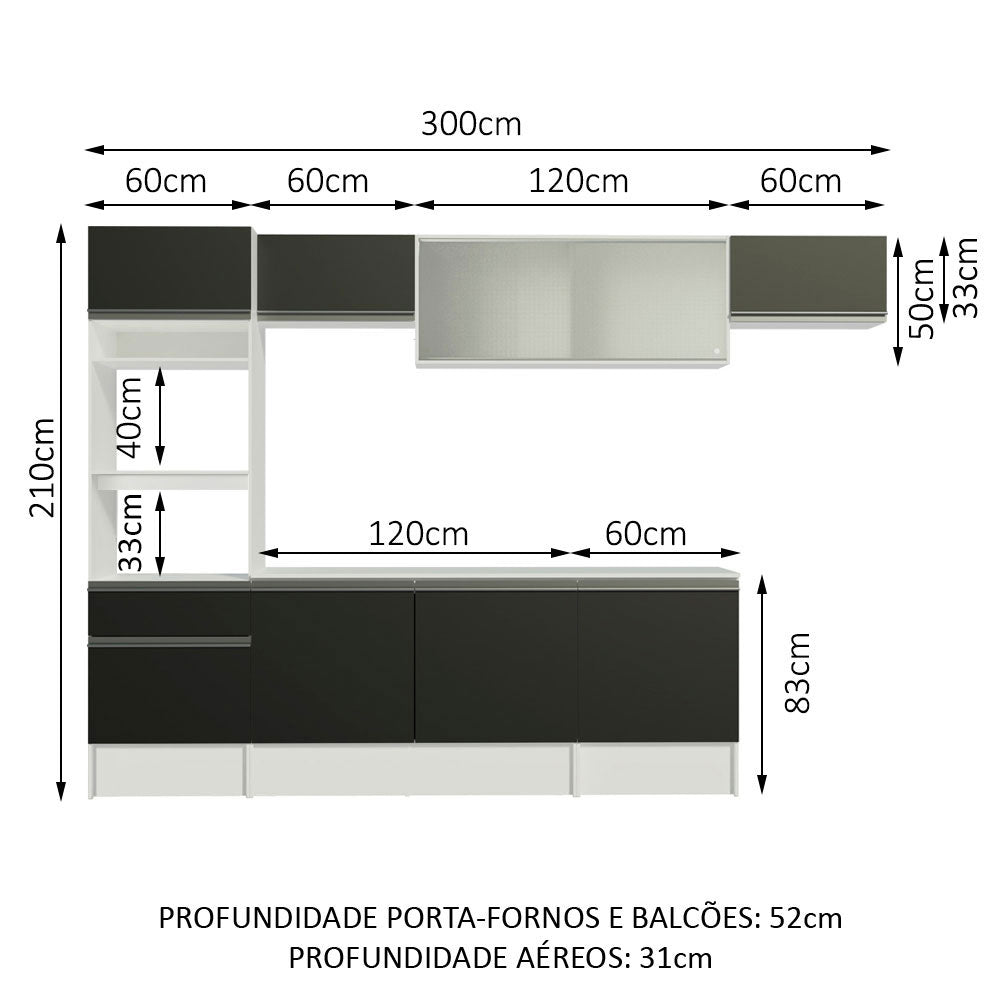 Armário de Cozinha Completa 300cm Branco/Preto Topazio Madesa 01