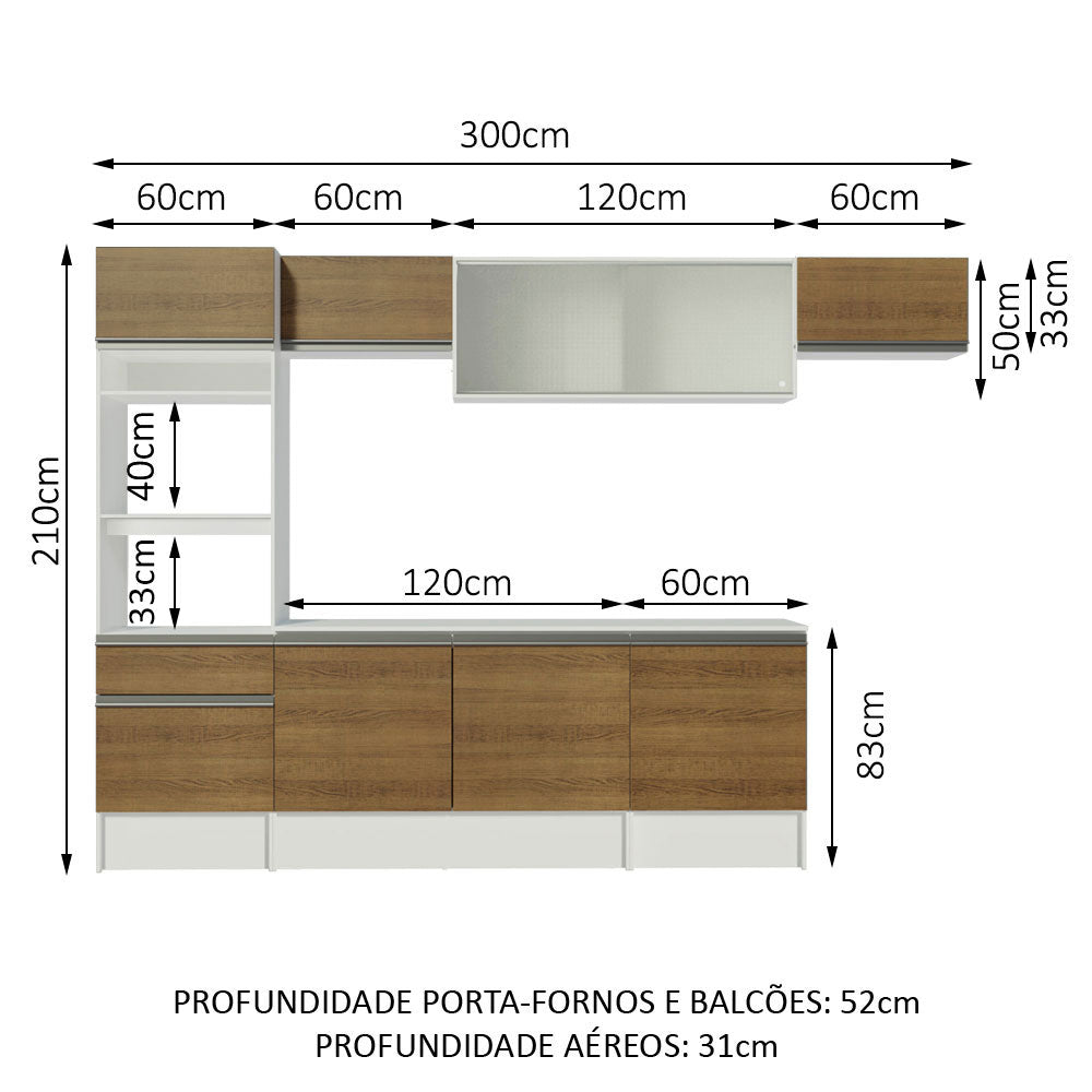 Armário de Cozinha Completa 300cm Branco/Rustic Topazio Madesa 01