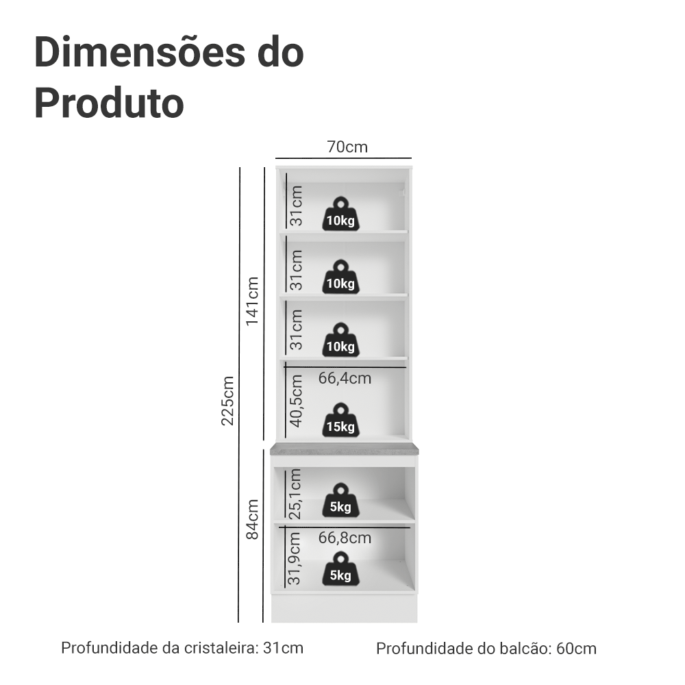 Kit Balcão + Cristaleira 70 cm Branco Vik Madesa 01