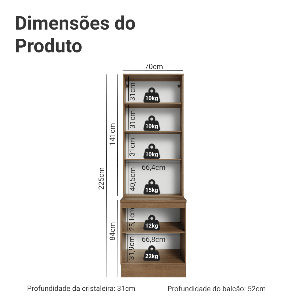 Kit Balcão + Cristaleira 70 cm Rustic/Branco Vik Madesa 02