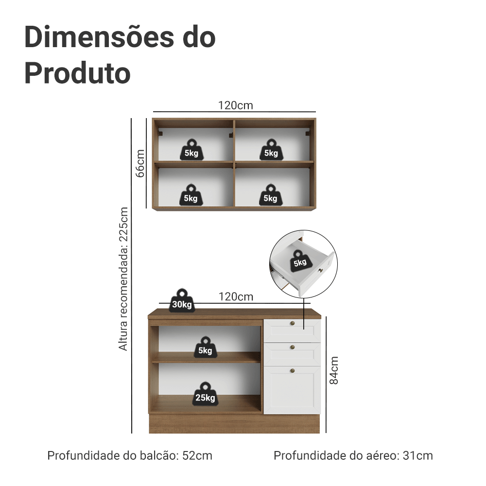 Armário de Cozinha Compacta 120 cm Rustic/Branco Vik Madesa 01