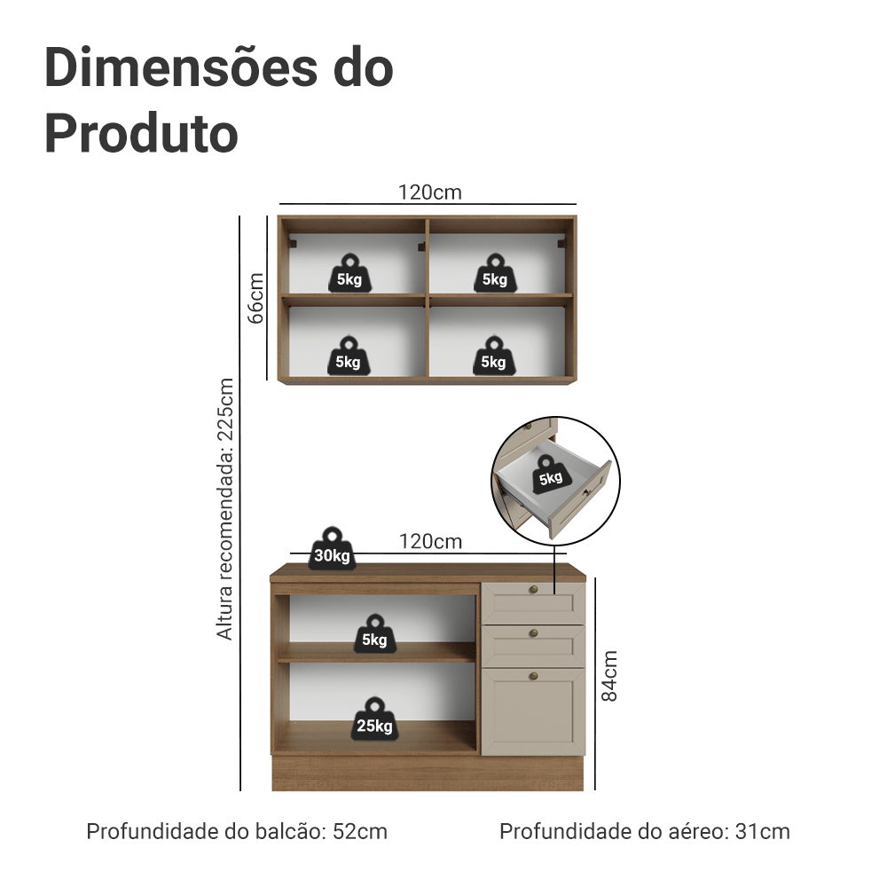 Armário de Cozinha Compacta 120 cm Rustic/Crema Vik Madesa 01