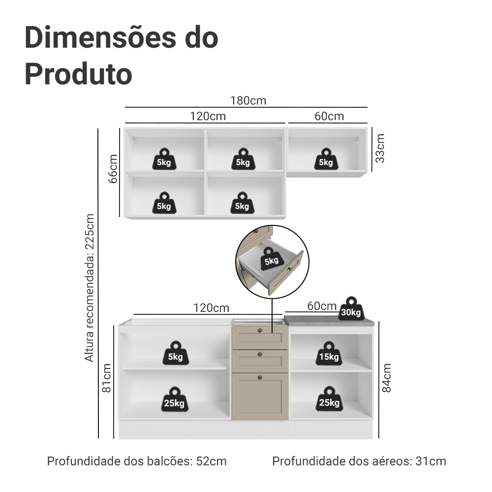 Armário de Cozinha Compacta 180 cm Branco/Crema Vik Madesa 01