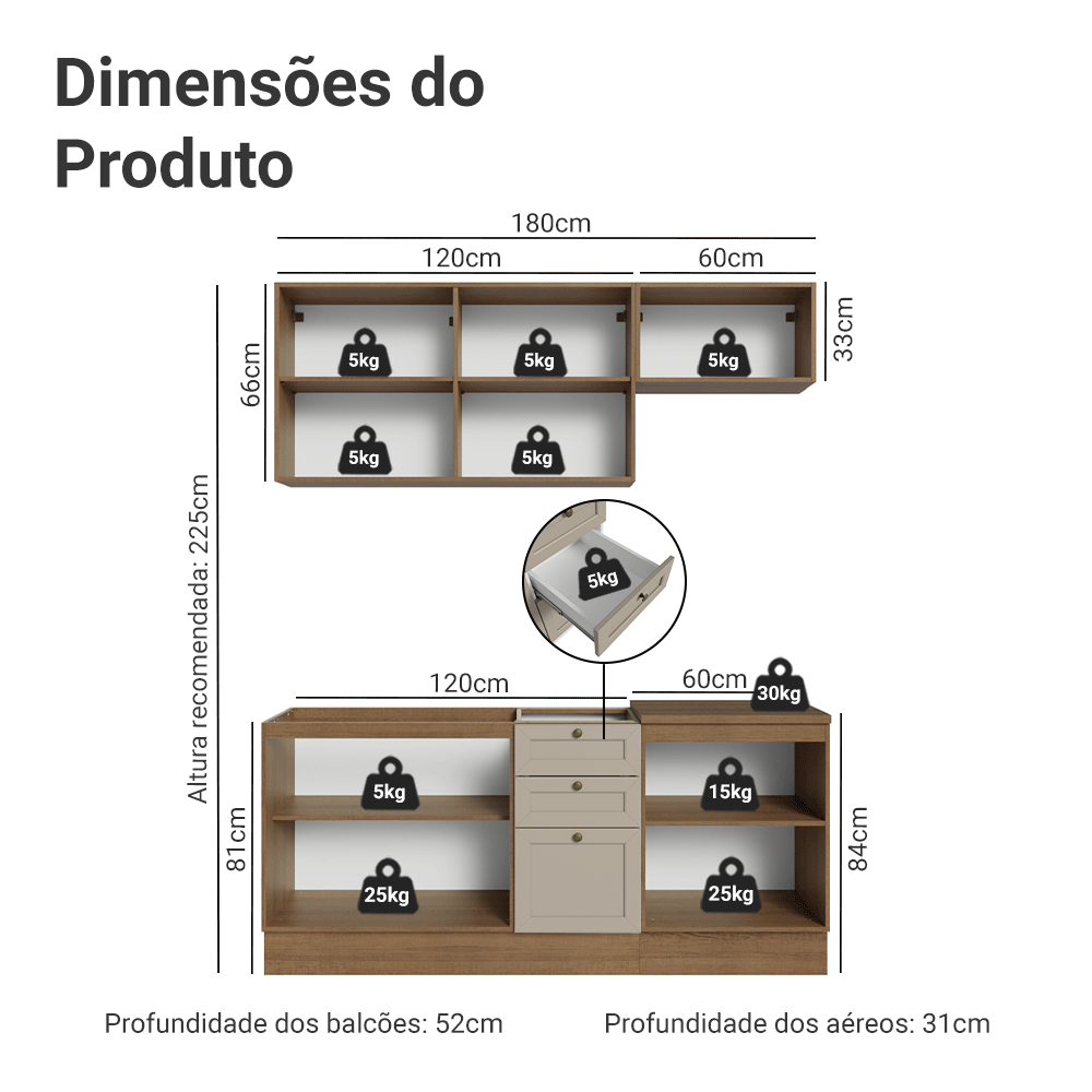 Armário de Cozinha Compacta 180 cm Rustic/Crema Vik Madesa 01