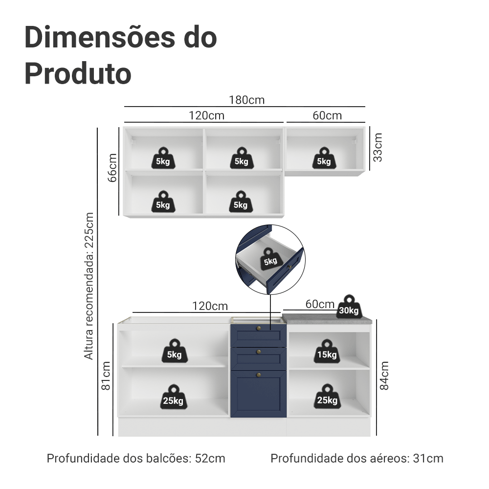 Armário de Cozinha Compacta 180 cm Branco/Azul Vik Madesa 01