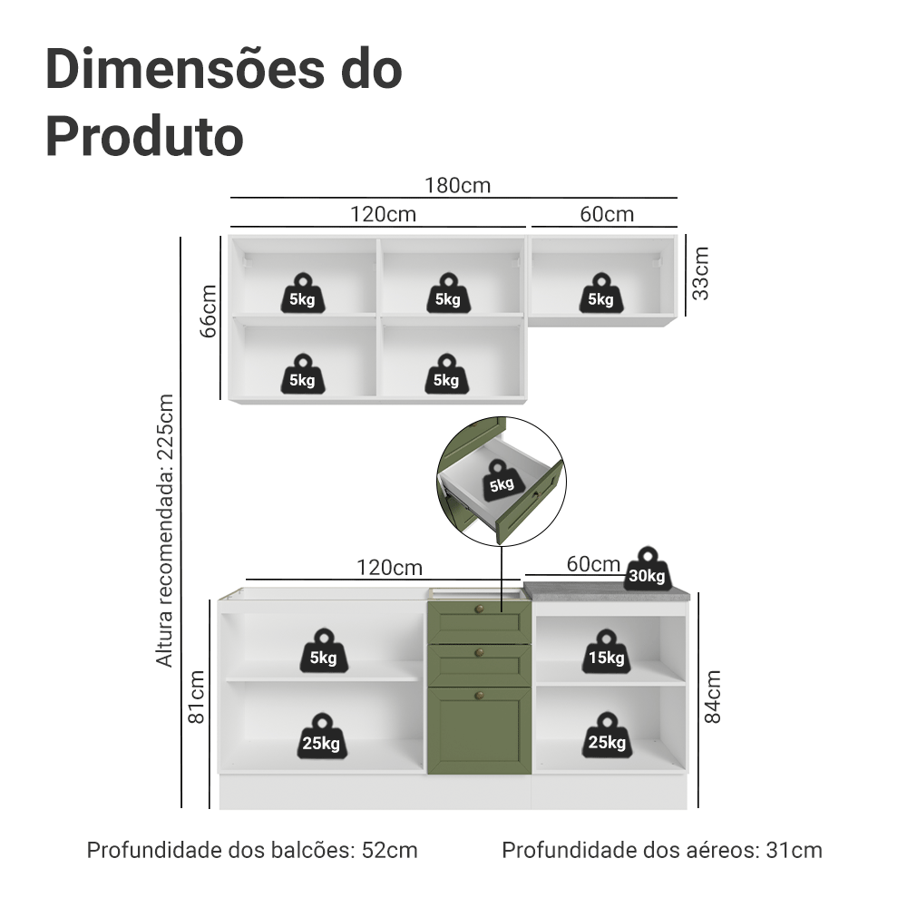 Armário de Cozinha Compacta 180 cm Branco/Verde Vik Madesa 01
