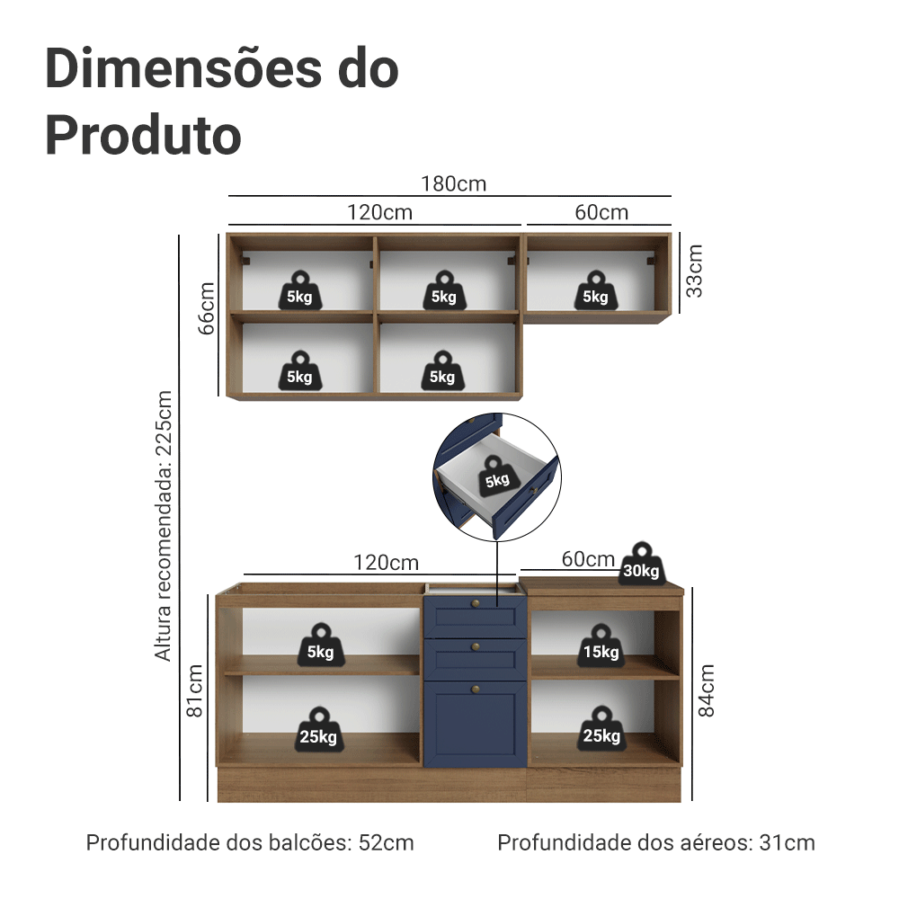 Armário de Cozinha Compacta 180 cm Rustic/Azul Vik Madesa 01