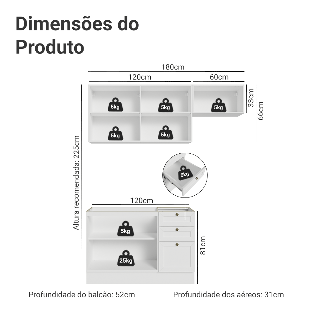 Armário de Cozinha Compacta 180 cm Branco Vik Madesa 02