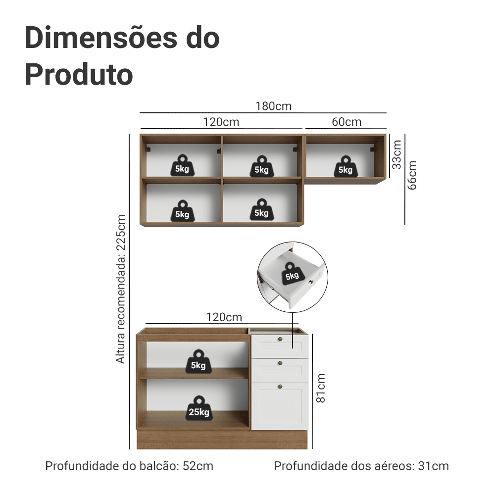 Armário de Cozinha Compacta 180 cm Rustic/Branco Vik Madesa 02