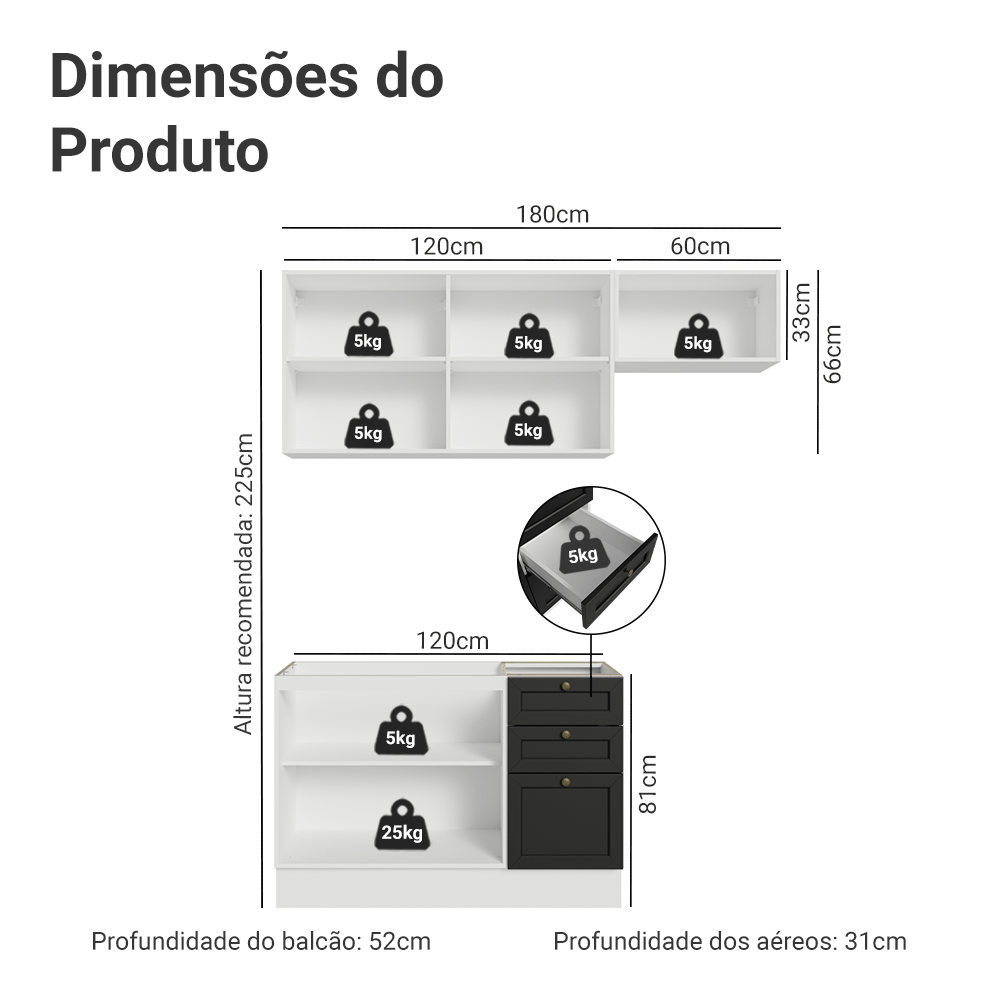 Armário de Cozinha Compacta 180 cm Branco/Preto Vik Madesa 02