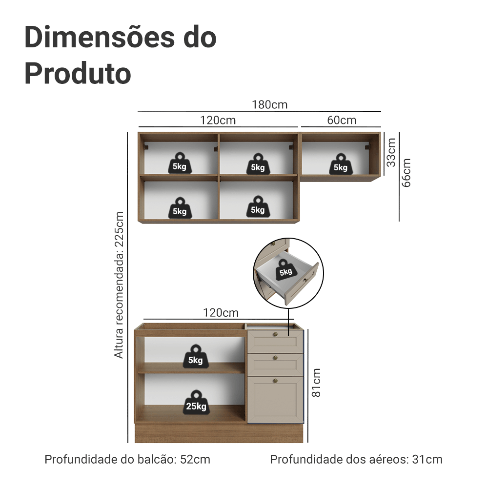 Armário de Cozinha Compacta 180 cm Rustic/Crema Vik Madesa 02