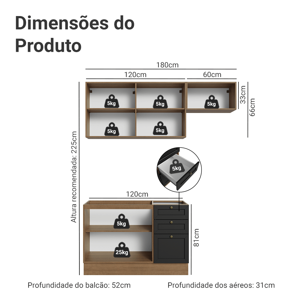 Armário de Cozinha Compacta 180 cm Rustic/Preto Vik Madesa 02