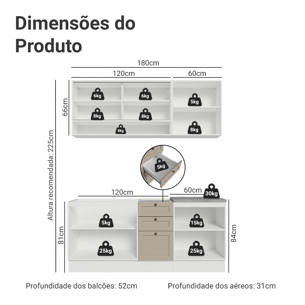 Armário de Cozinha Compacta 180 cm Branco/Crema Vik Madesa 03