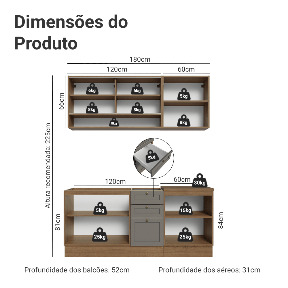 Armário de Cozinha Compacta 180 cm Rustic/Cinza Vik Madesa 03