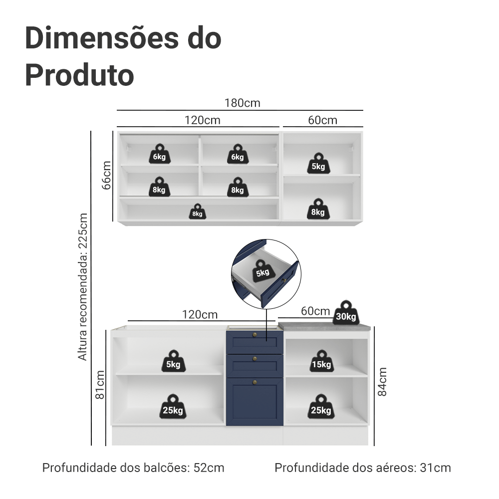 Armário de Cozinha Compacta 180 cm Branco/Azul Vik Madesa 03