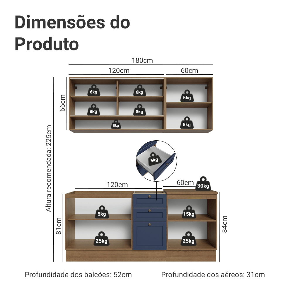 Armário de Cozinha Compacta 180 cm Rustic/Azul Vik Madesa 03