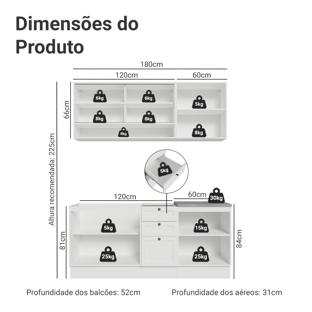 Armário de Cozinha Compacta 180 cm Branco Vik Madesa 04