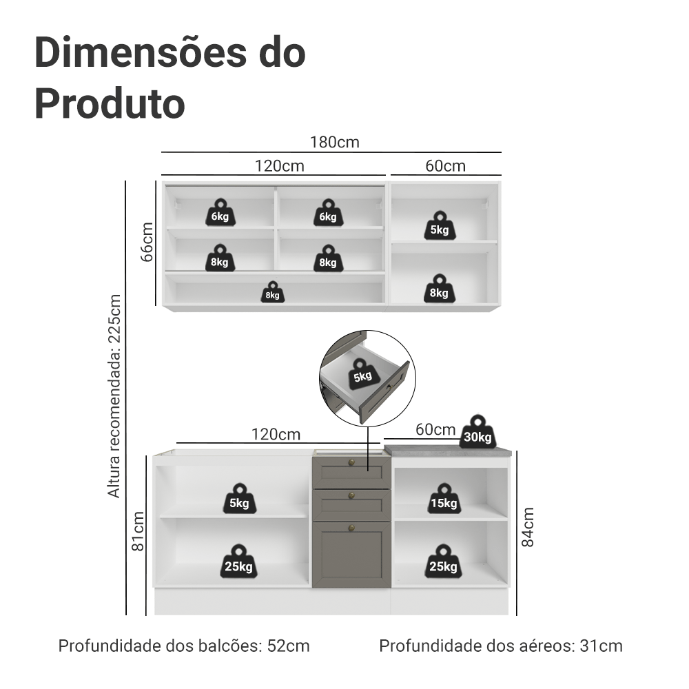 Armário de Cozinha Compacta 180 cm Branco/Cinza Vik Madesa 04