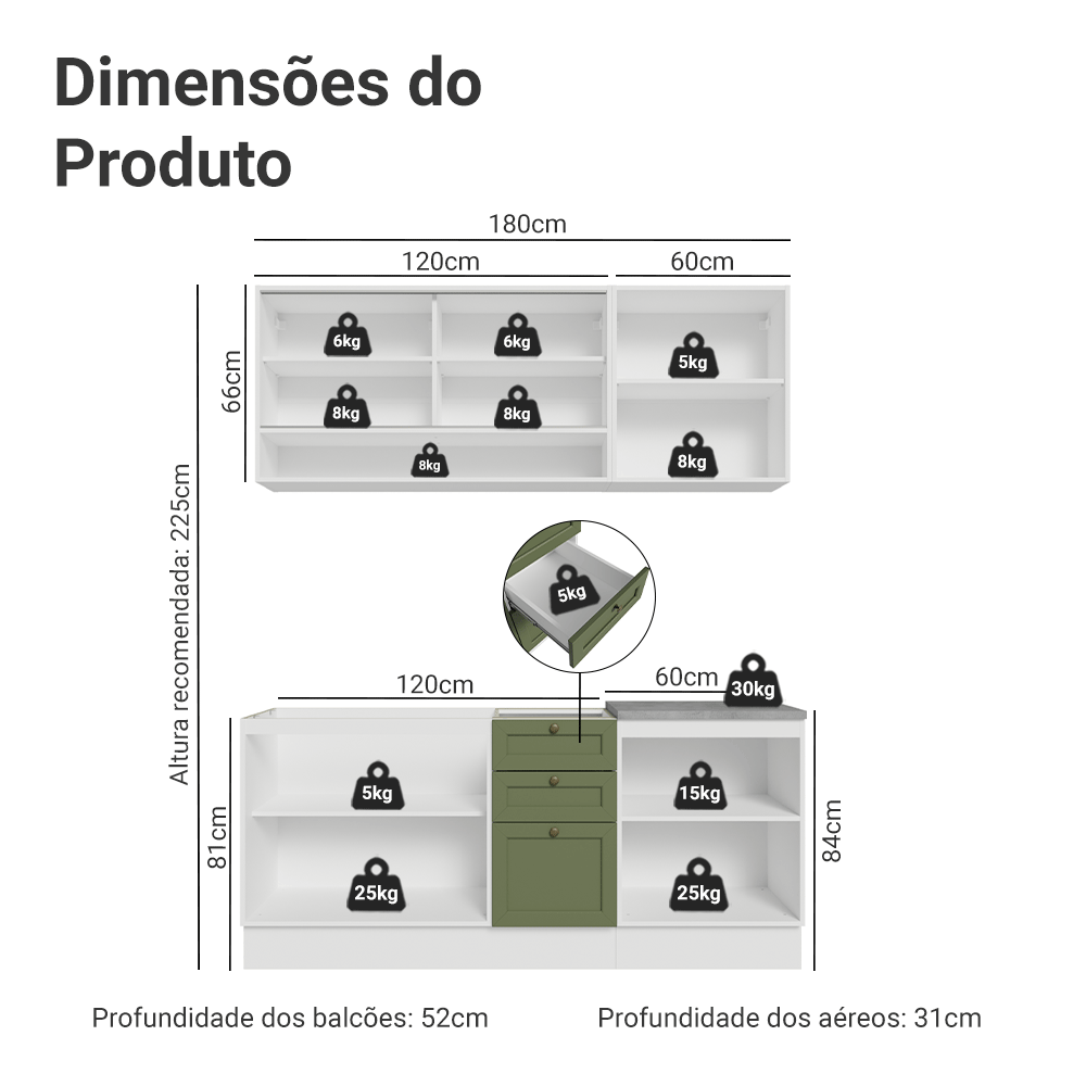 Armário de Cozinha Compacta 180 cm Branco/Verde Vik Madesa 04