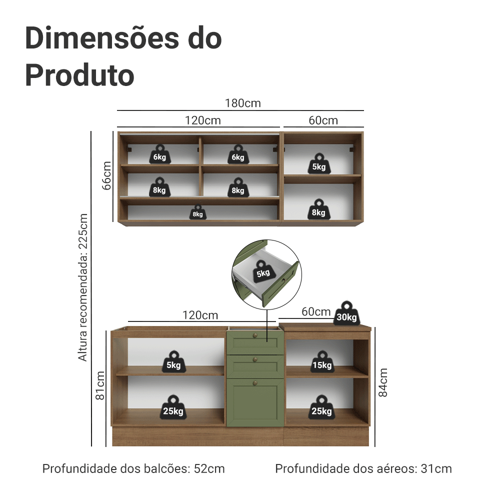 Armário de Cozinha Compacta 180 cm Rustic/Verde Vik Madesa 04