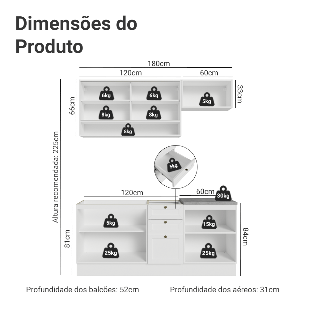 Armário de Cozinha Completa 180 cm Branco Vik Madesa 05