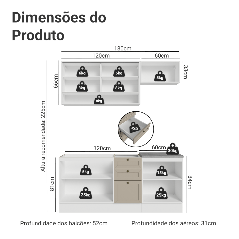 Armário de Cozinha Compacta 180 cm Branco/Crema Vik Madesa 05