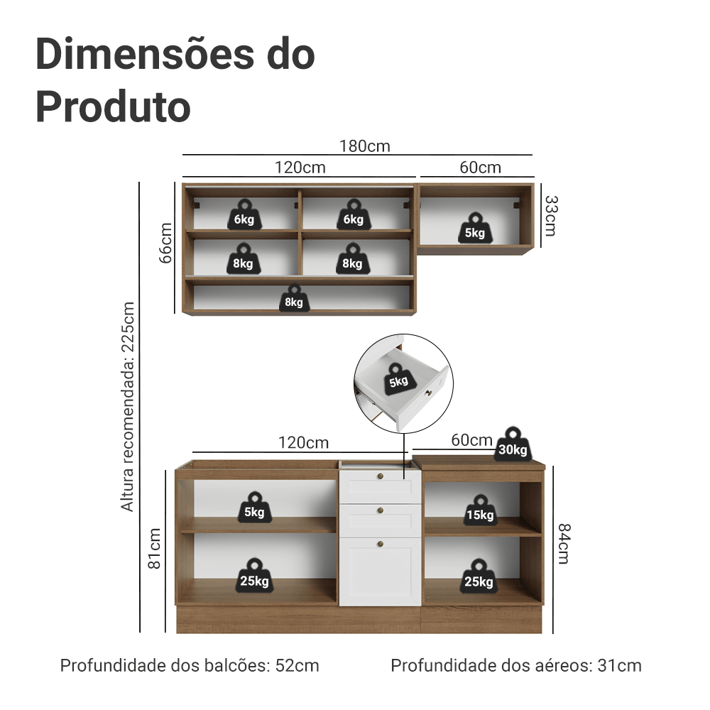 Armário de Cozinha Completa 180 cm Rustic/Branco Vik Madesa 05