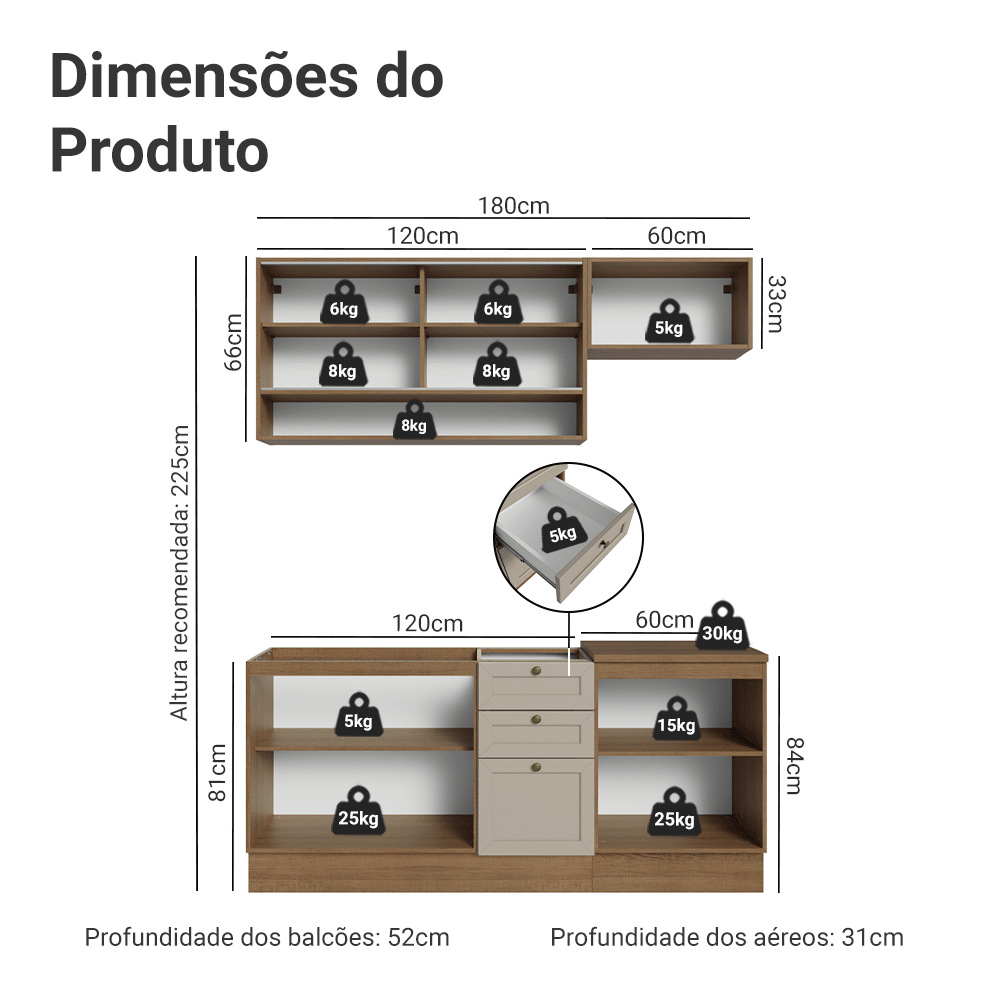 Armário de Cozinha Compacta 180 cm Rustic/Crema Vik Madesa 05