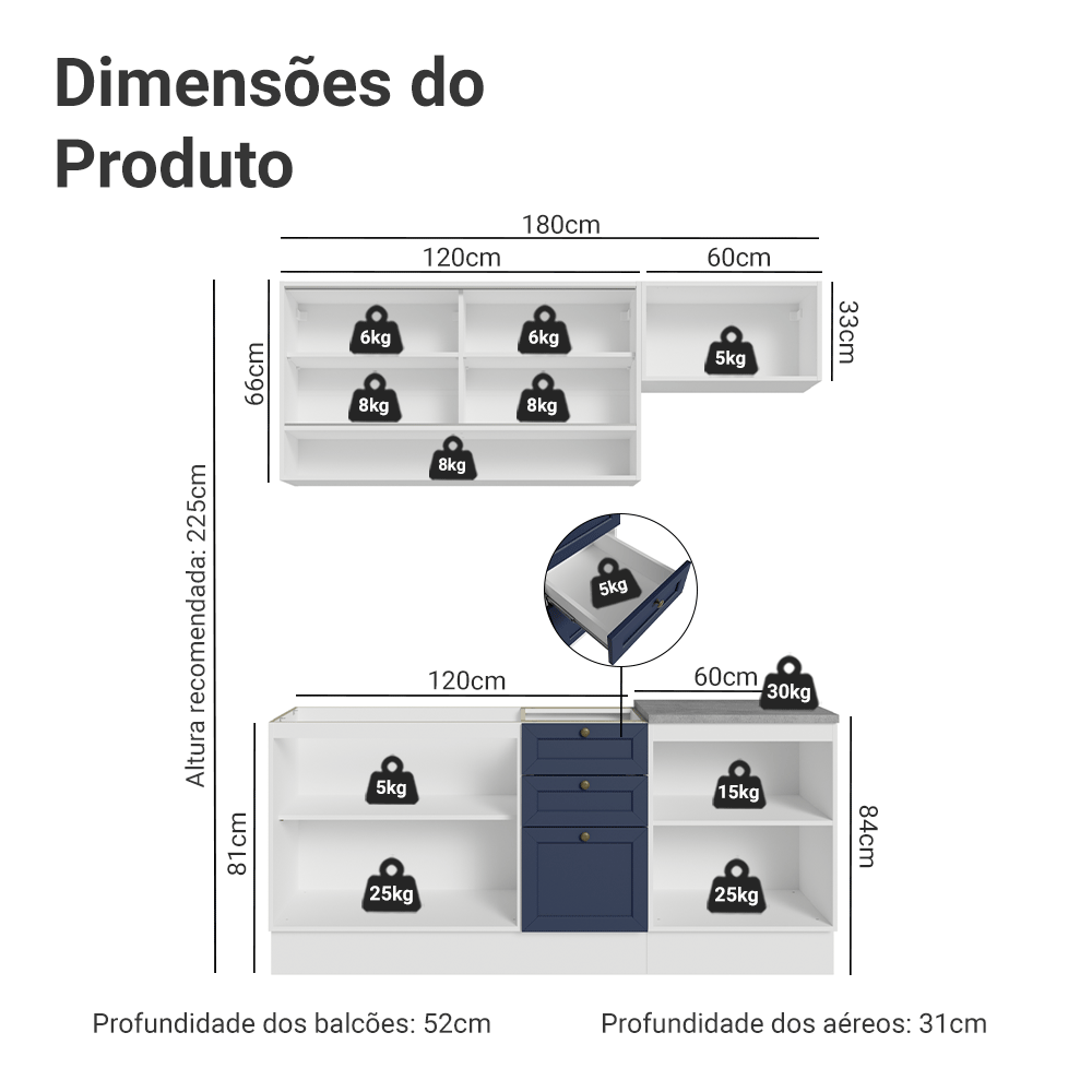 Armário de Cozinha Completa 180 cm Branco/Azul Vik Madesa 05