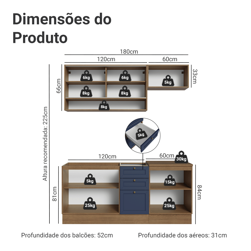 Armário de Cozinha Completa 180 cm Rustic/Azul Vik Madesa 05
