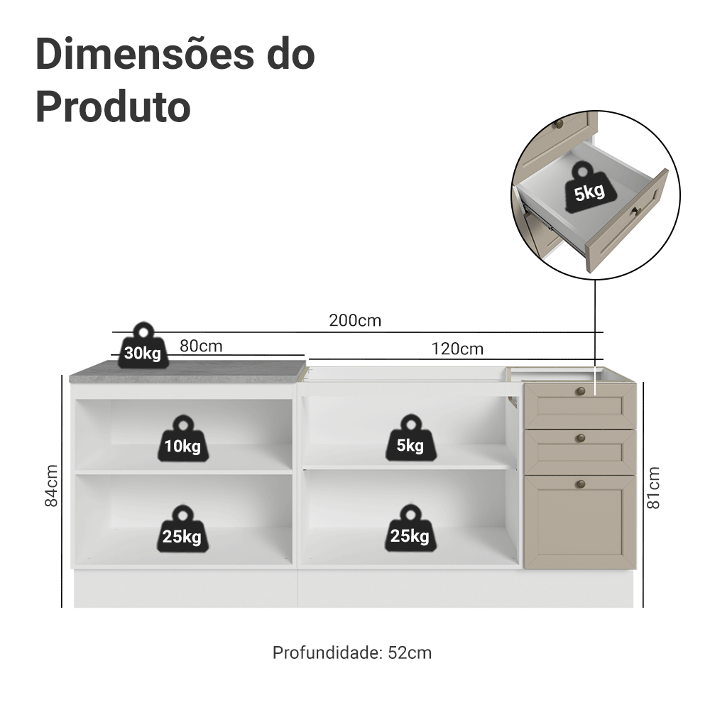 Kit com 2 Balcões de Cozinha 3 Gavetas 4 Portas (Sem Tampo e Pia) Branco/Crema Vik Madesa 01