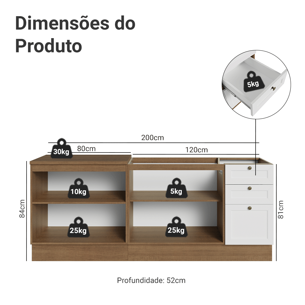 Kit com 2 Balcões de Cozinha 3 Gavetas 4 Portas (Sem Tampo e Pia) Rustic/Branco Vik Madesa 01