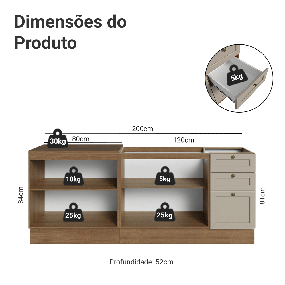 Kit com 2 Balcões de Cozinha 3 Gavetas 4 Portas (Sem Tampo e Pia) Rustic/Crema Vik Madesa 01