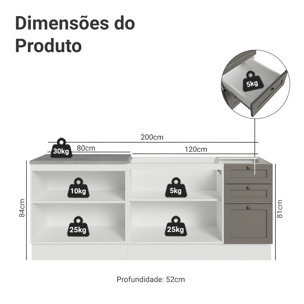 Kit com 2 Balcões de Cozinha 3 Gavetas 4 Portas (Sem Tampo e Pia) Branco/Cinza Vik Madesa 01