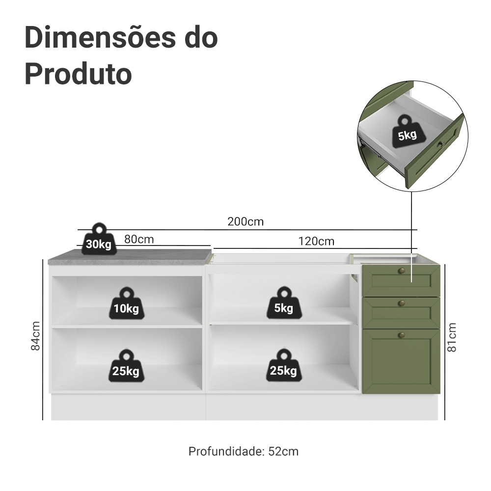 Kit com 2 Balcões de Cozinha 3 Gavetas 4 Portas (Sem Tampo e Pia) Branco/Verde Vik Madesa 01