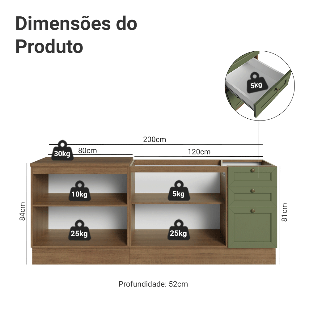 Kit com 2 Balcões de Cozinha 3 Gavetas 4 Portas (Sem Tampo e Pia) Rustic/Verde Vik Madesa 01