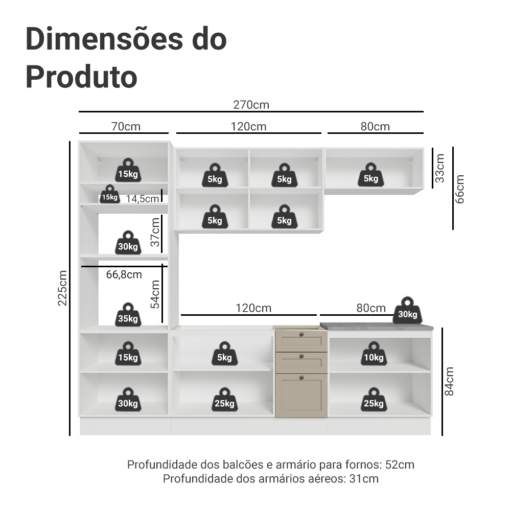 Armário de Cozinha Completa 270 cm Branco/Crema Vik Madesa 01