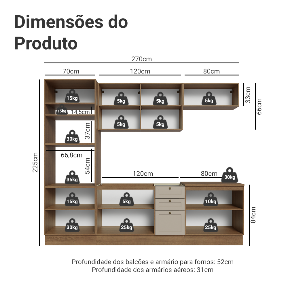 Armário de Cozinha Completa 270 cm Rustic/Crema Vik Madesa 01