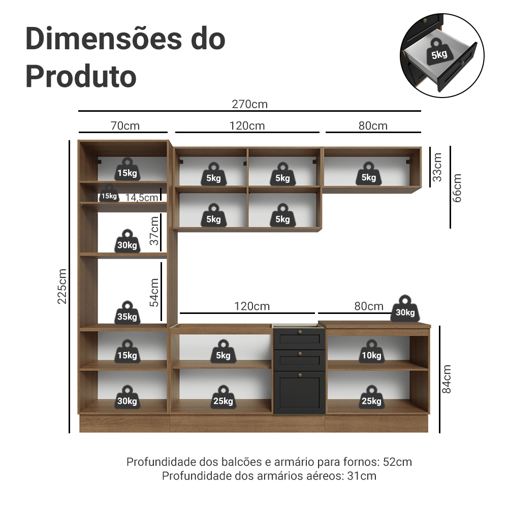 Armário de Cozinha Completa 270 cm Rustic/Preto Vik Madesa 01