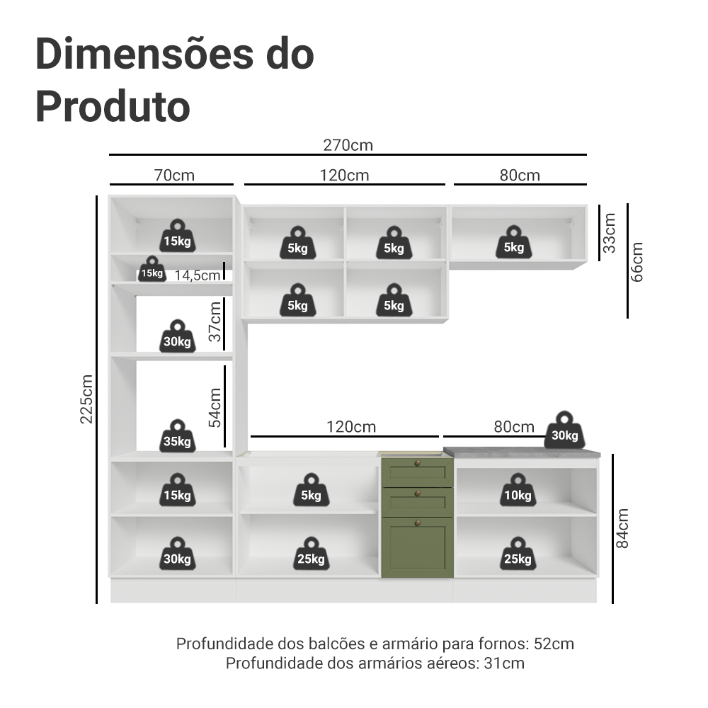 Armário de Cozinha Completa 270 cm Branco/Verde/Branco Vik Madesa 01
