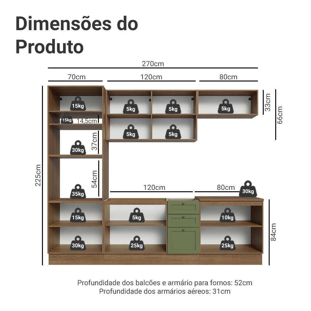 Armário de Cozinha Completa 270 cm Rustic/Verde Vik Madesa 01