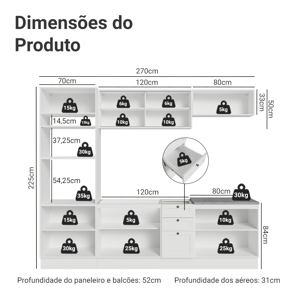 Armário de Cozinha Completa 270 cm Branco Vik Madesa 02