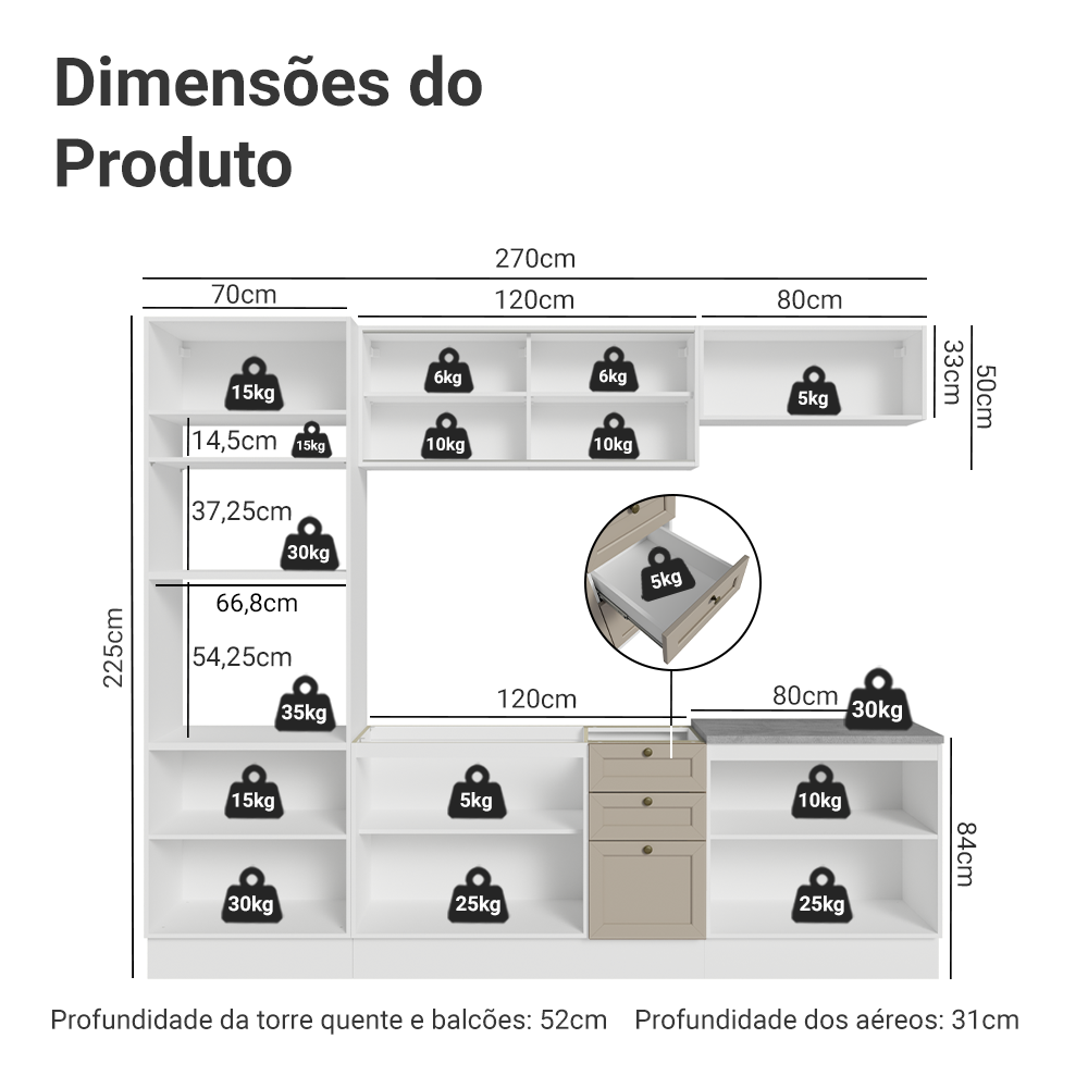 Armário de Cozinha Completa 270 cm Branco/Crema Vik Madesa 02