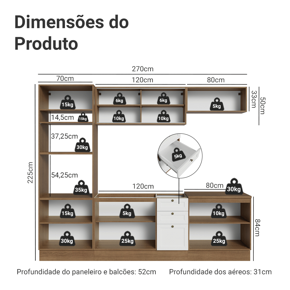 Armário de Cozinha Completa 270 cm Rustic/Branco Vik Madesa 02