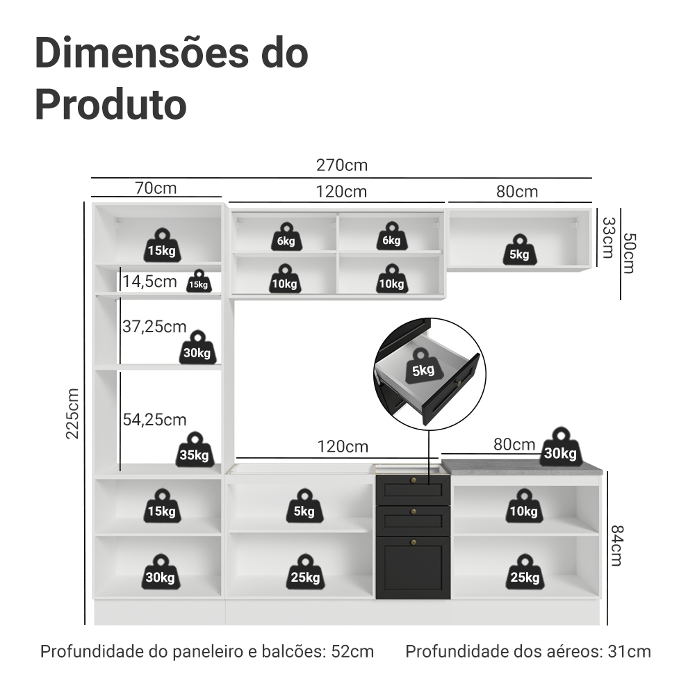 Armário de Cozinha Completa 270 cm Branco/Preto Vik Madesa 02