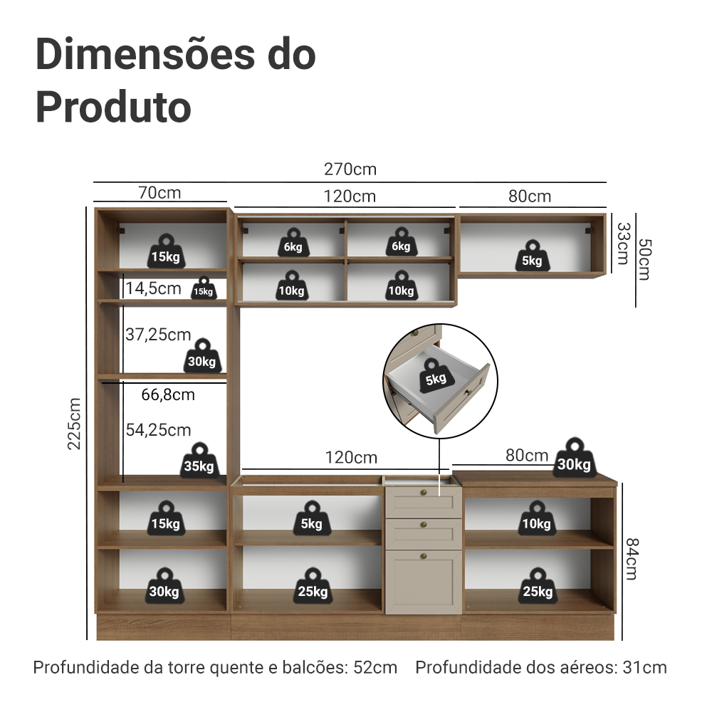 Armário de Cozinha Completa 270 cm Rustic/Crema Vik Madesa 02
