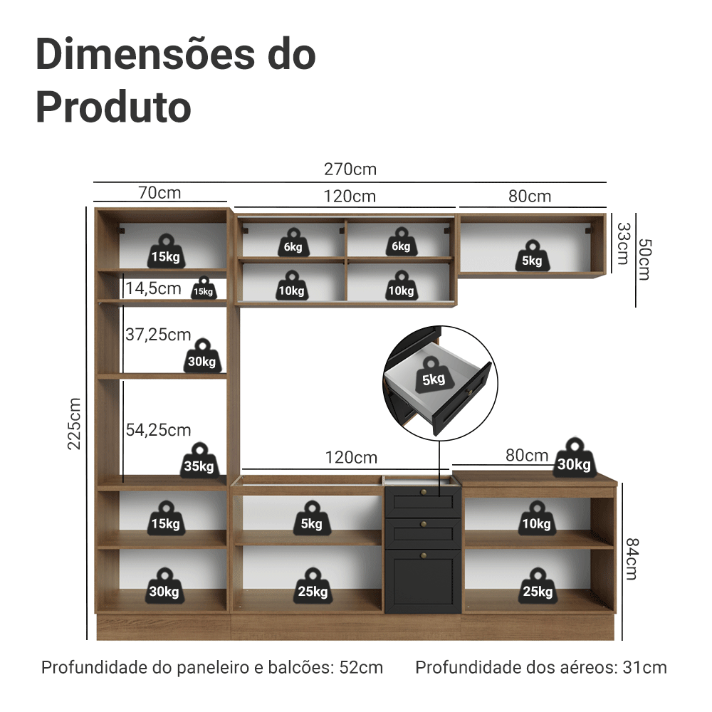 Armário de Cozinha Completa 270 cm Rustic/Preto Vik Madesa 02
