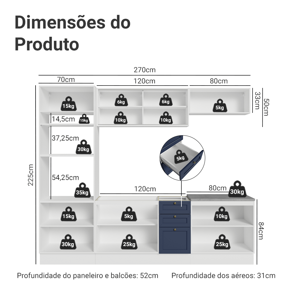 Armário de Cozinha Completa 270 cm Branco/Azul Vik Madesa 02